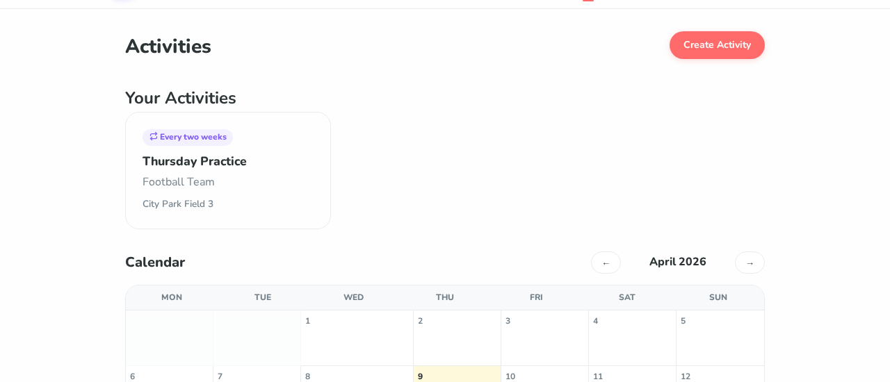 Activities page with calendar
